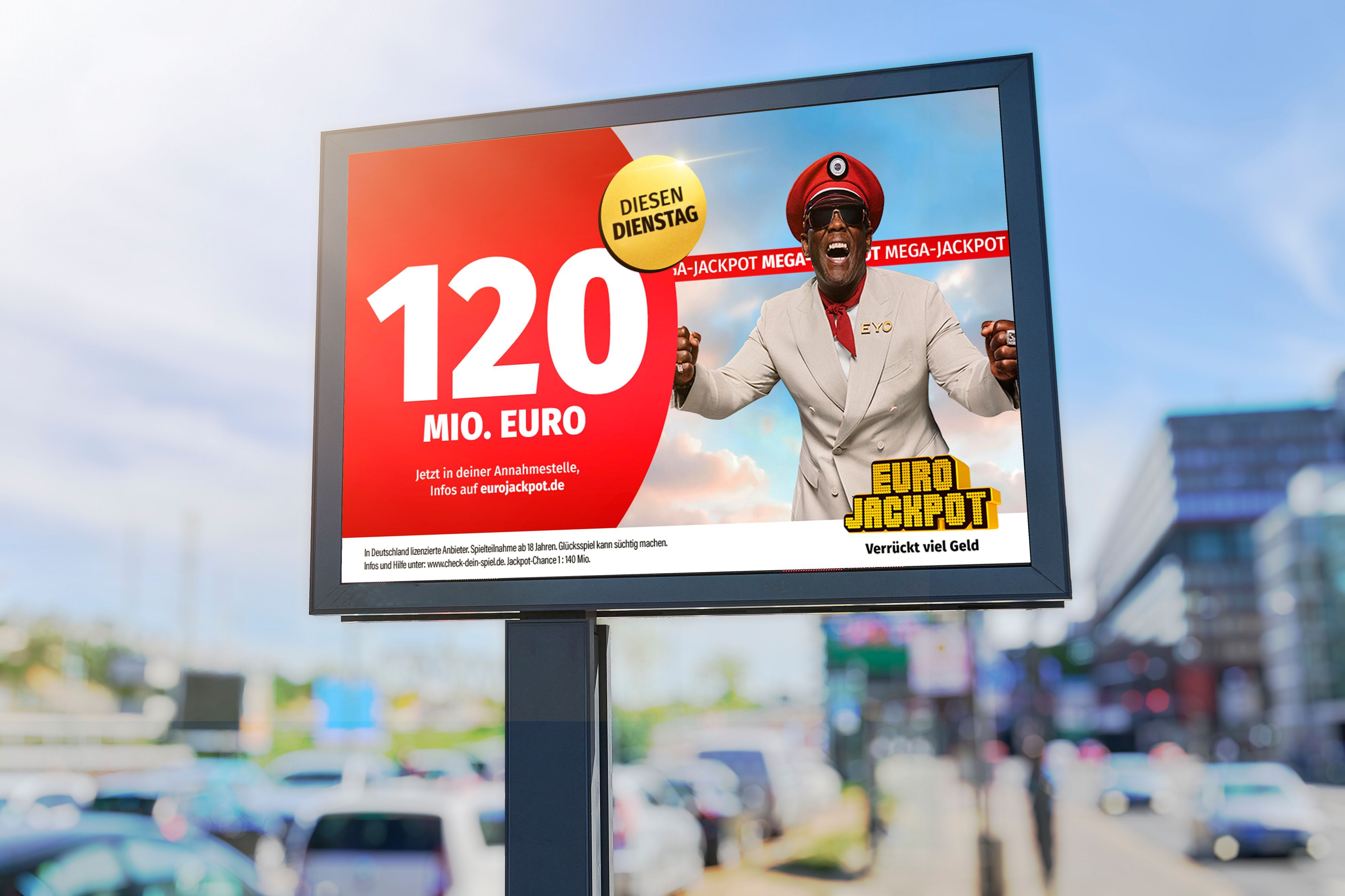 Eurojackpot-Großflächenwerbung mit dem Schriftzug „120 Mio. Euro“.