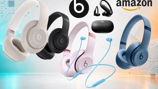 Mehrere Beats-Kopfhörer vor hellem Technik-Hintergrund mit Linien in Türkis und Orange: Studio Pro in Sandbeige und Schwarz, Solo 4 in Rosa und Blau, Powerbeats Pro 2 in Schwarz sowie Flex mit Nackenband in Hellblau, dazu das Beats- und das Amazon-Logo.
