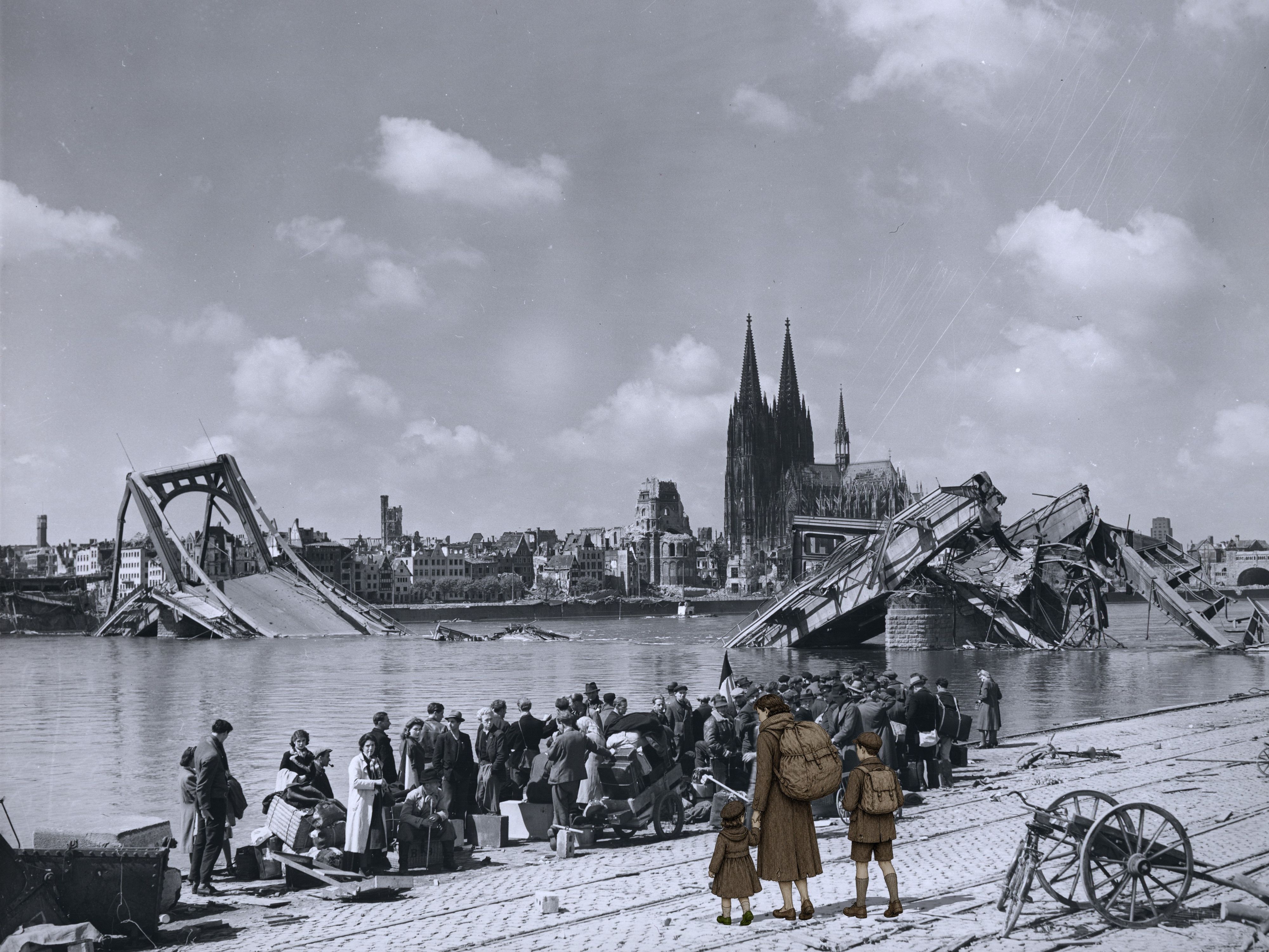 Köln in Trümmern: In das Bild aus der zeitgeschichtlichen Sammlung des Historischen Archivs wurde für die Ausstellung „Hungerleben, Lebenshunger“ im Vordergrund die erfundene Kölnerin „Käthe“ mit ihren Kindern montiert