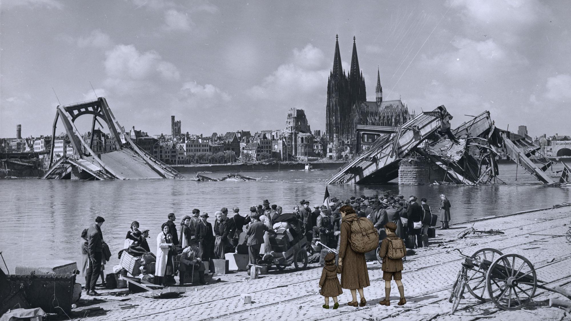 Köln in Trümmern: In das Bild aus der zeitgeschichtlichen Sammlung des Historischen Archivs wurde für die Ausstellung „Hungerleben, Lebenshunger“ im Vordergrund die erfundene Kölnerin „Käthe“ mit ihren Kindern montiert