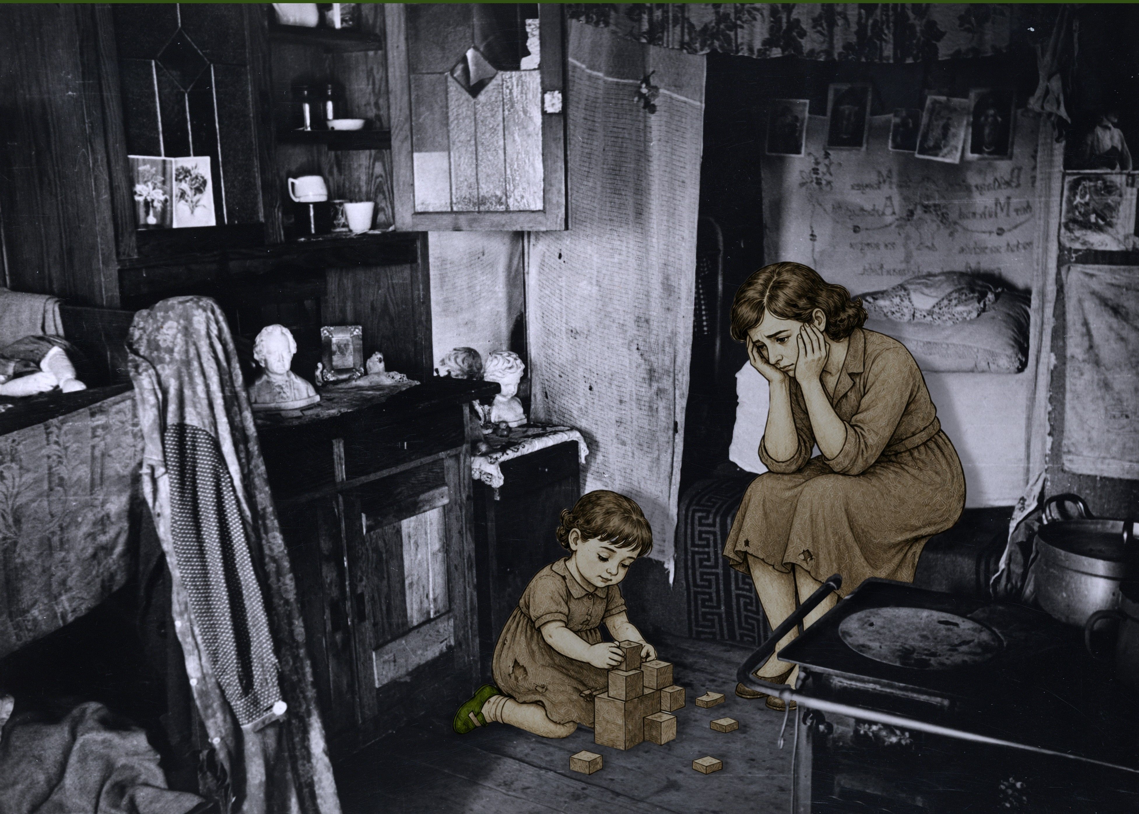 Leben in einer engen, stickigen Behelfsunterkunft nach dem Zweiten Weltkrieg: Für die Ausstellung „Hungerleben, Lebenshunger“ wurden die erfundene „Käthe“ und ihr Sohn in das historische Bild montiert.