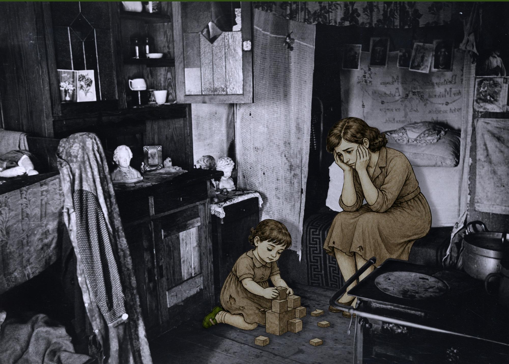 Leben in einer engen, stickigen Behelfsunterkunft nach dem Zweiten Weltkrieg: Für die Ausstellung „Hungerleben, Lebenshunger“ wurden die erfundene „Käthe“ und ihr Sohn in das historische Bild montiert.