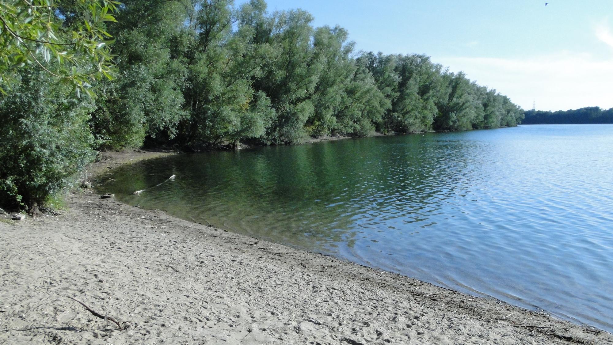 Ein See mit einem kleinen Sandstrand liegt idyllisch in der Sonne.