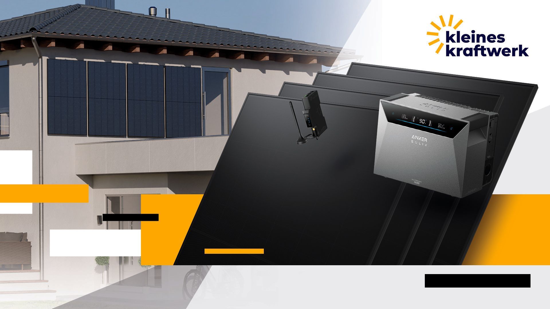 Kleines Kraftwerk Balkonkraftwerk-Set mit Anker SOLIX Solarbank 4 Pro Speicher und Solarmodulen an einem Wohnhaus.