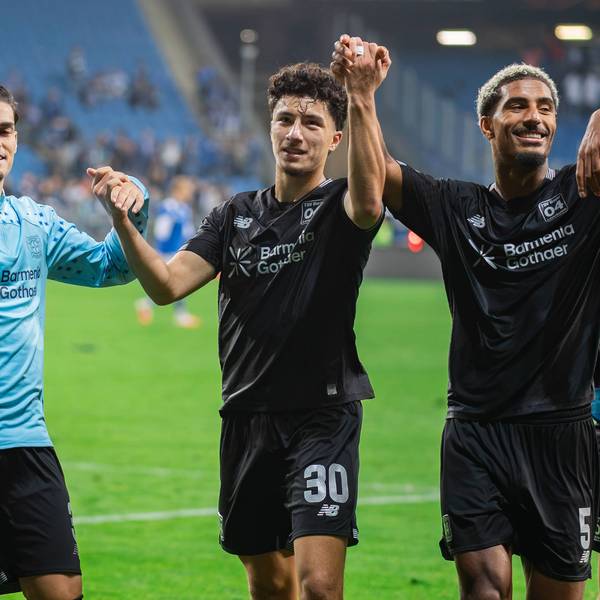 October 15, 2026, Poznan, Poland: Miguel Gutierrez L, Ibrahim Maza C and Loic Bade R of Bayer celebrate a win during the UEFA Europa League match between Lech Poznan and Bayer 04 Leverkusen at Enea Stadium Poznan. Final score Lech Poznan 0:4 Bayer 04 Leverkusen. Poznan Poland - ZUMAs197 20261015_aaa_s197_300 Copyright: xMikolajxBarbanellx