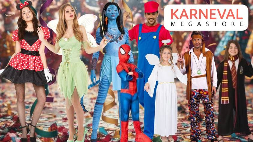 Eine Auswahl an Karnevalskostüme wie Avatar, Super Mario, Minnie Mouse, Tinker Bell, Hippie, Spider Man, Harry Potter und Engel vor einem bunten Party Hintergrund.