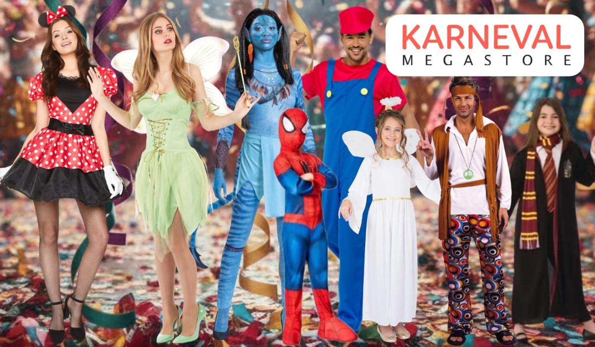 Eine Auswahl an Karnevalskostüme wie Avatar, Super Mario, Minnie Mouse, Tinker Bell, Hippie, Spider Man, Harry Potter und Engel vor einem bunten Party Hintergrund.