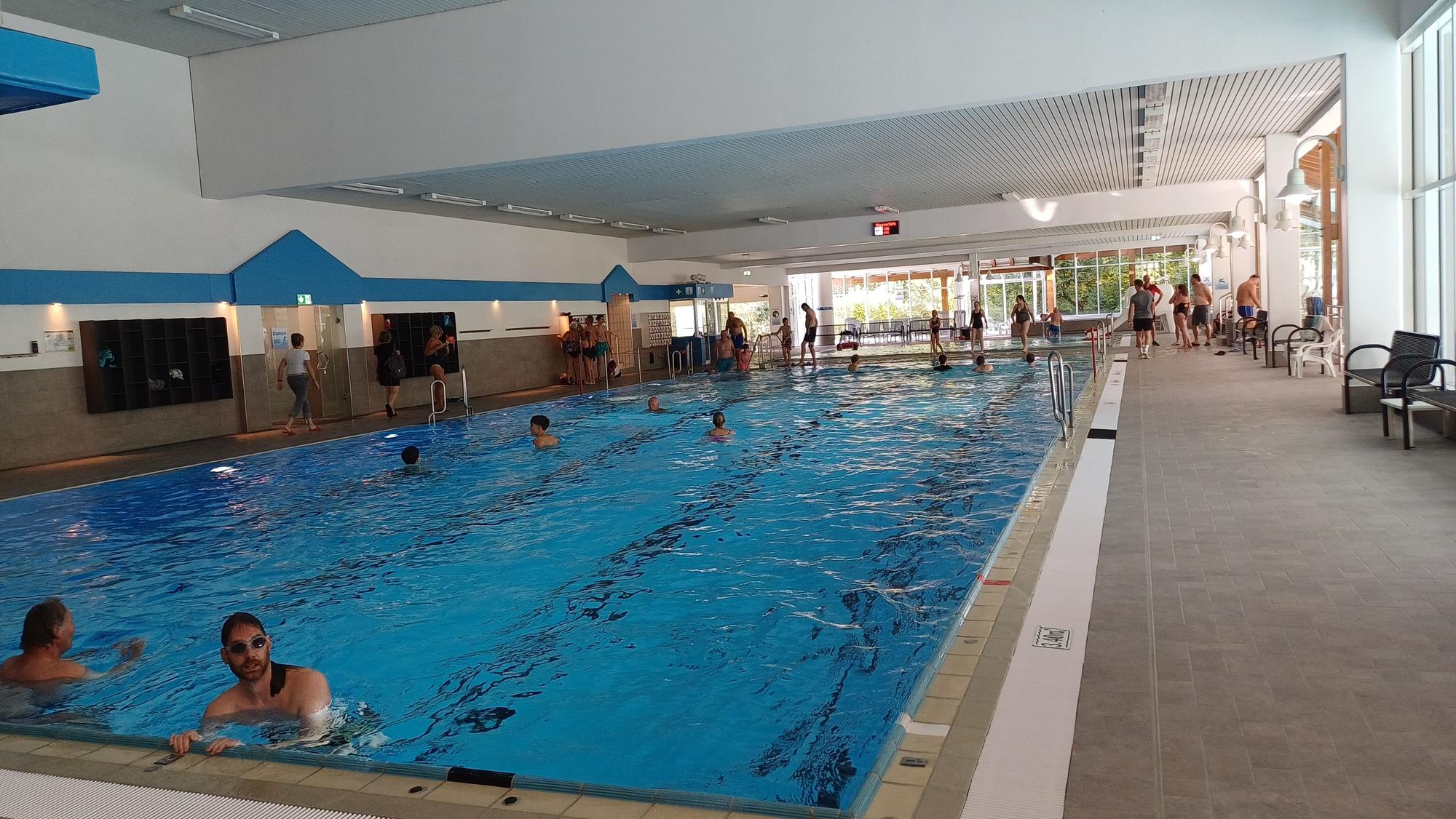 Schwimmerinnen und Schwimmer in einem Hallenbad