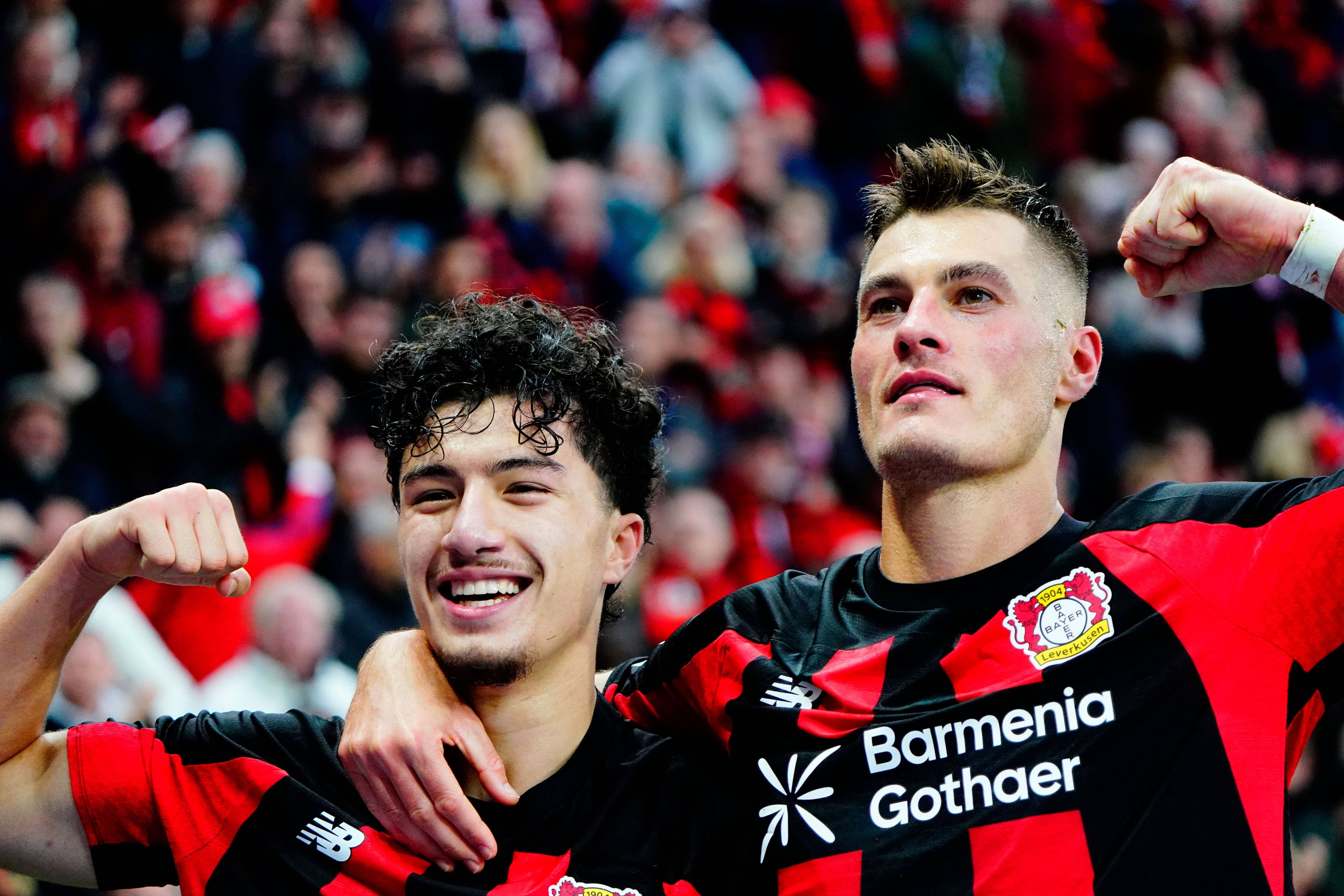 Leverkusen Fussball, 1.BL saison 2026/2027 Bayer 04 Leverkusen vs FC Freiburg, 18.10.2026, Bayarena Leverkusen Ibrahim Maza Patrik Schick Bayer 04 Leverkusen, Torjubeln *** Leverkusen Soccer, 20262027 Bundesliga Season: Bayer 04 Leverkusen vs. FC Freiburg, October 18, 2026, Bayarena, Leverkusen Ibrahim Maza, Patrik Schick Bayer 04 Leverkusen, celebrating a goal