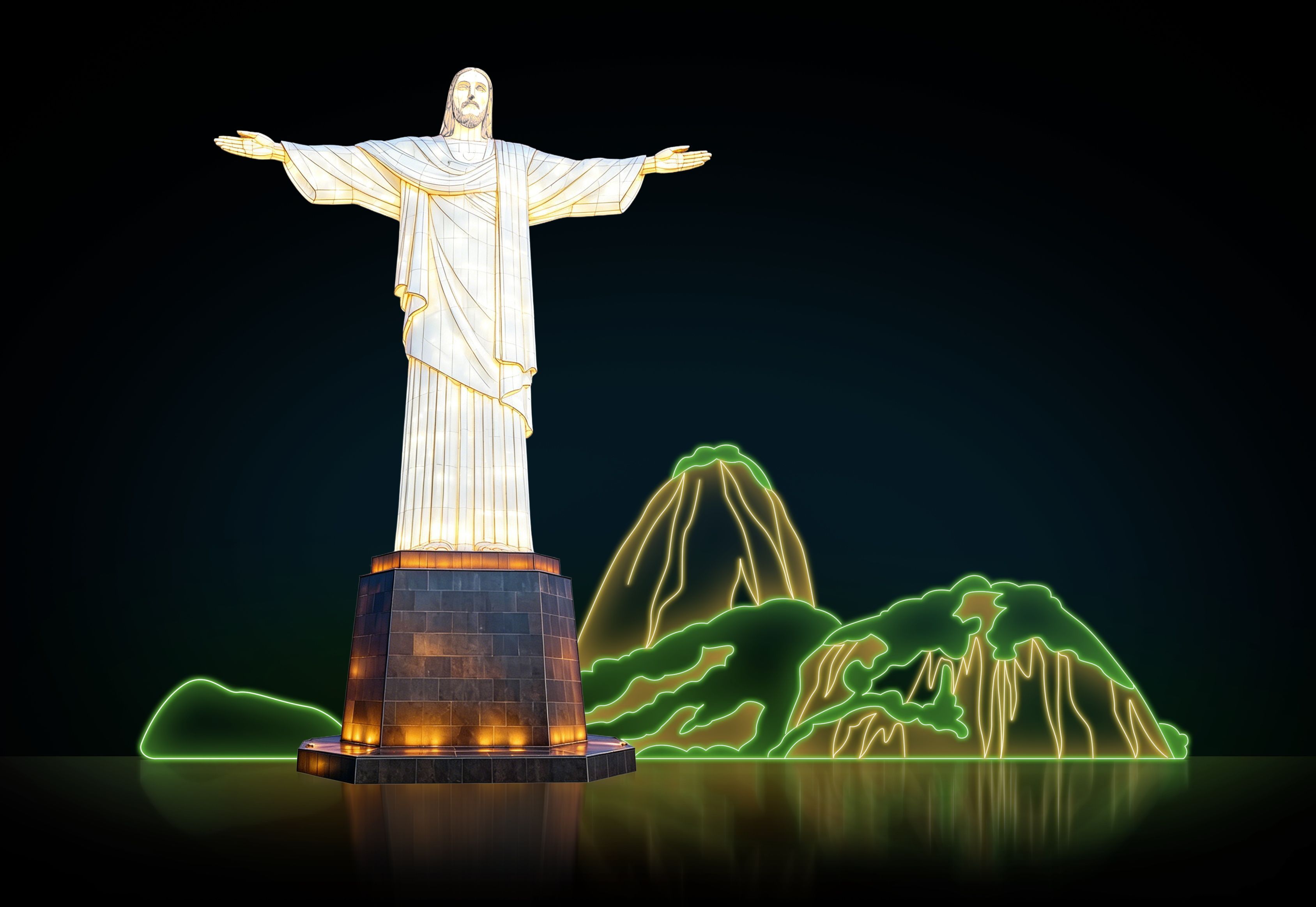 Der Südamerikanische Kontinent wird von einem Nachbau der Christus-Statue bei Rio de Janeiro vertreten.
