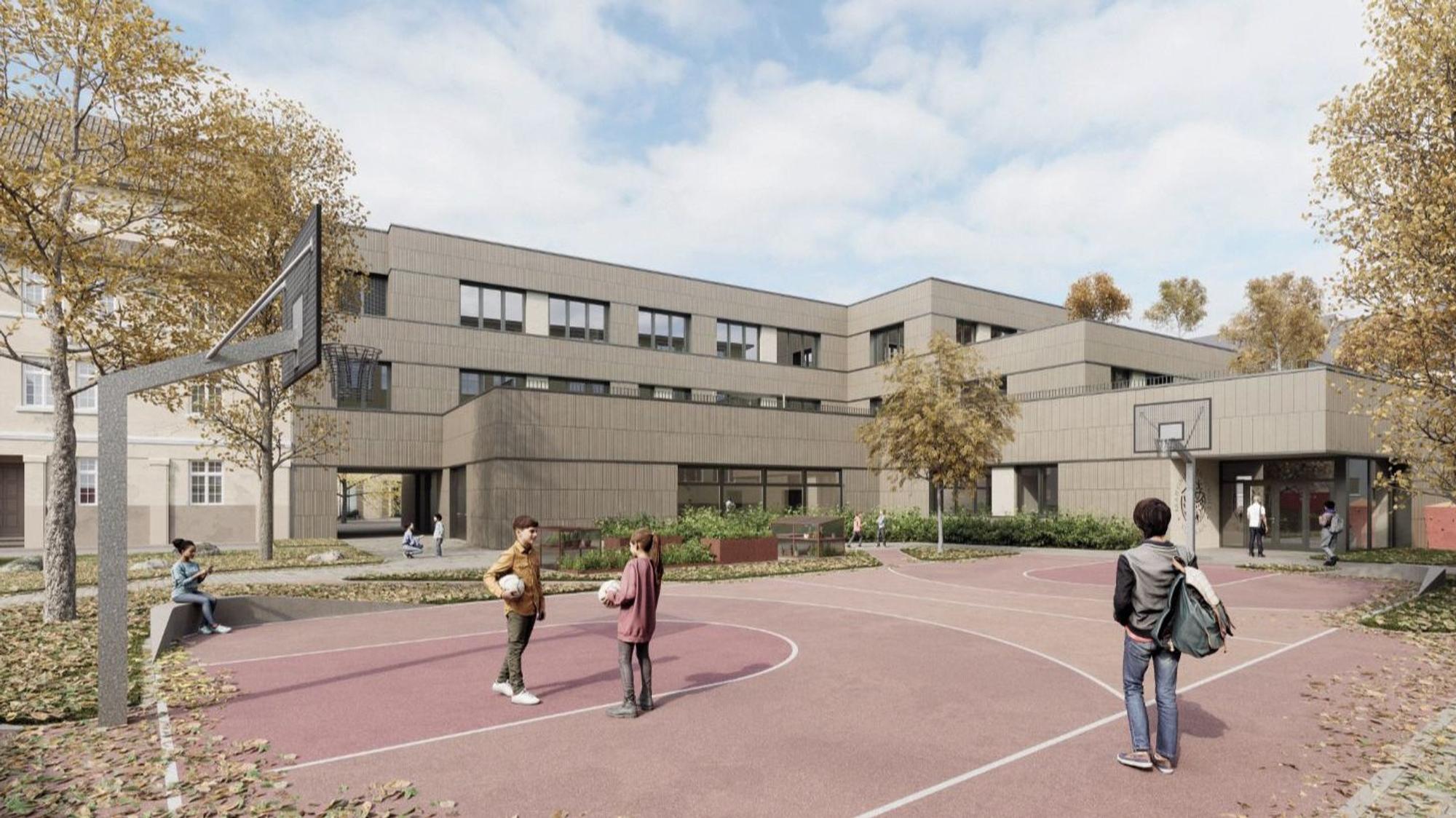 Visualisierung eines geplanten Schulgebäudes.