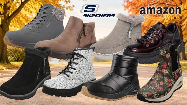 Verschiedene Skechers Herbststiefel vor Hintergrund mit Park und Herbstbäumen.