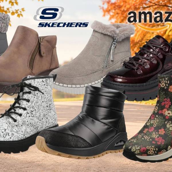 Verschiedene Skechers Herbststiefel vor Hintergrund mit Park und Herbstbäumen.