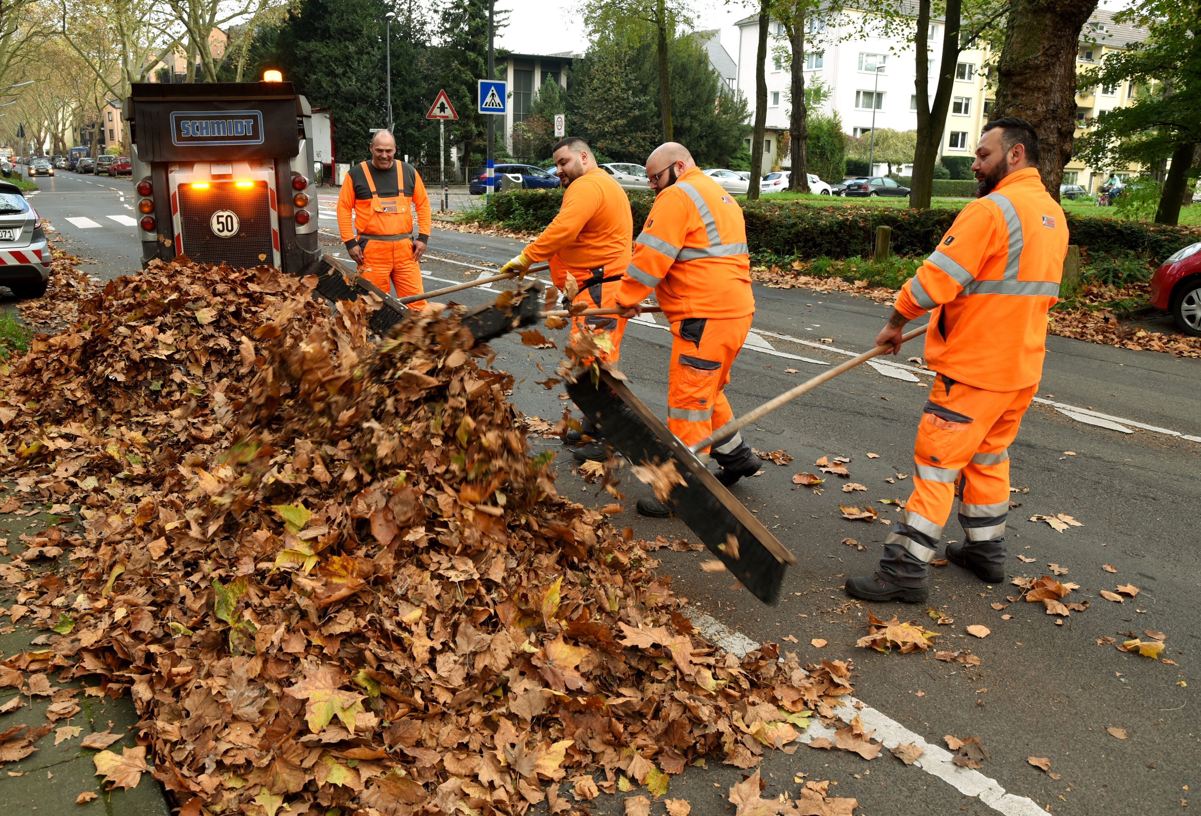 Mitarbeiter der AWB räumen Laub weg auf der Neuenhöfer Allee.