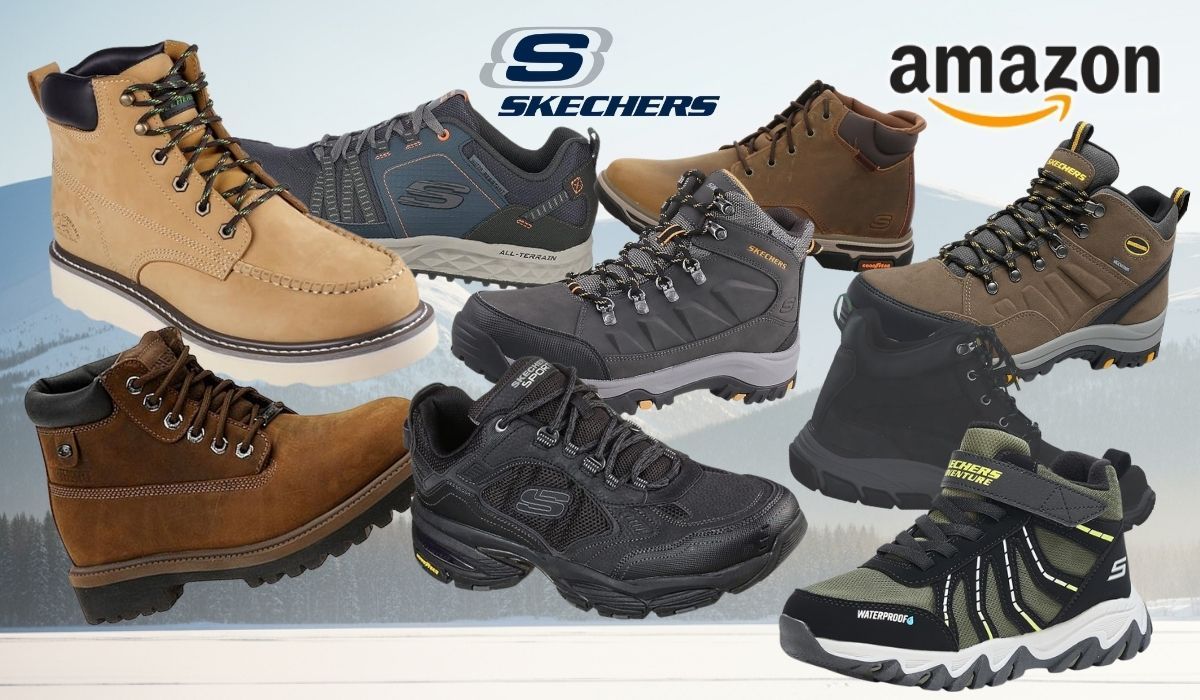 Verschiedene Skechers Winterstiefel, robuste,, gefütterte Sneaker und Winterschuhe für Herren vor einer von Schnee bedeckten Gebirgslandschaft.