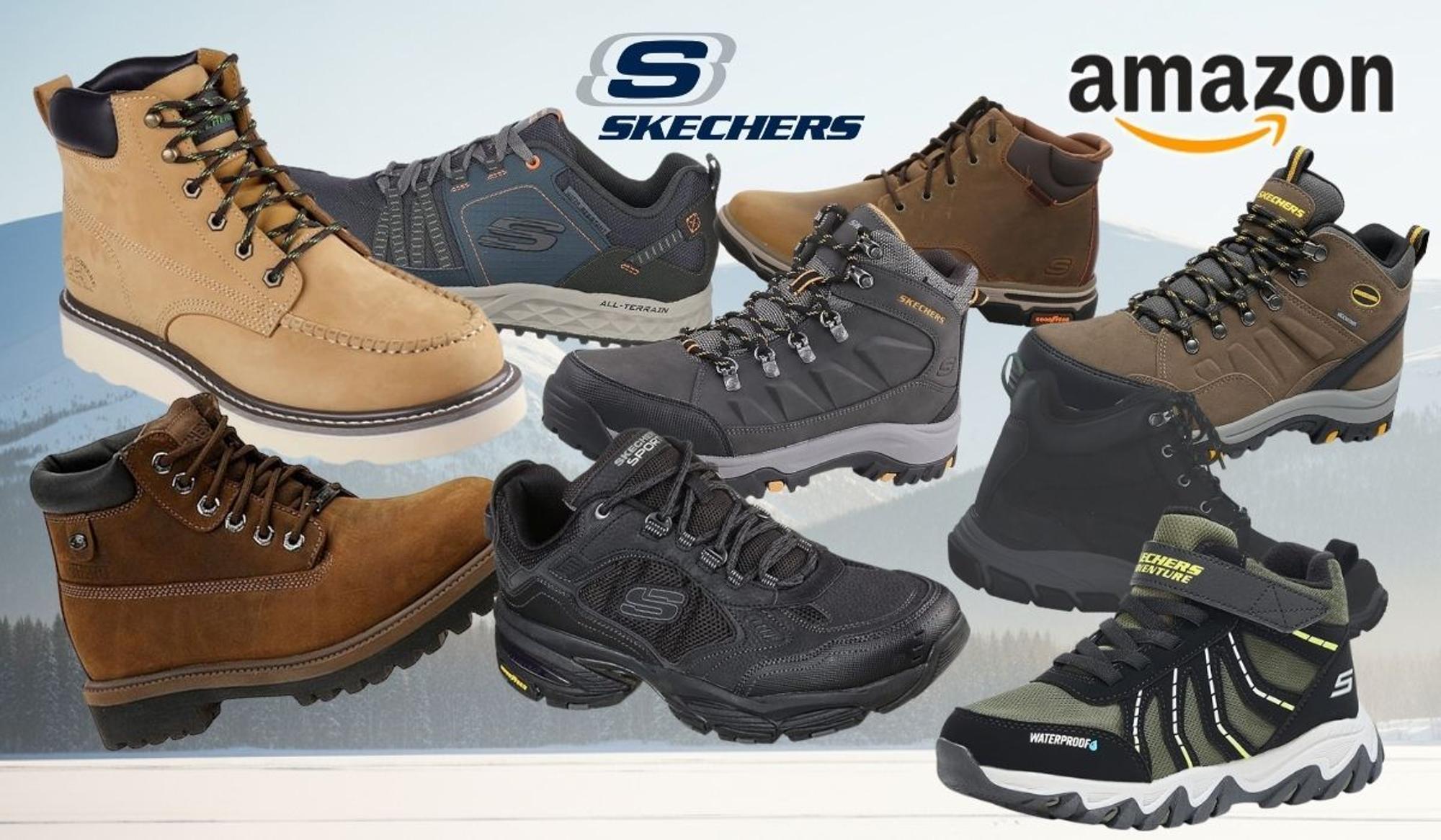Verschiedene Skechers Winterstiefel, robuste,, gefütterte Sneaker und Winterschuhe für Herren vor einer von Schnee bedeckten Gebirgslandschaft.