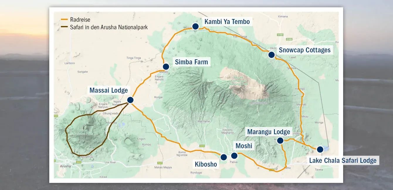 Routenkarte mit den Etappenstationen der Kilimanjaro-Radreise