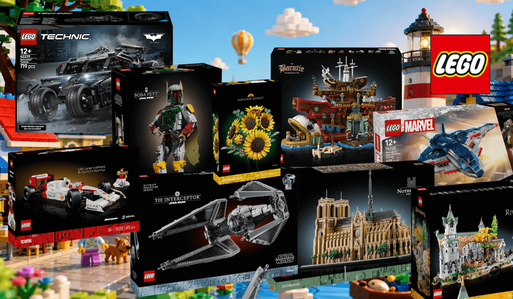 Lego Sets aus den unterschiedlichsten Themenwelten wie Star Wars, City, Marvel, Herr der Ringe, Batman, Architecture und mehr vor einem blauen Hintergrund.