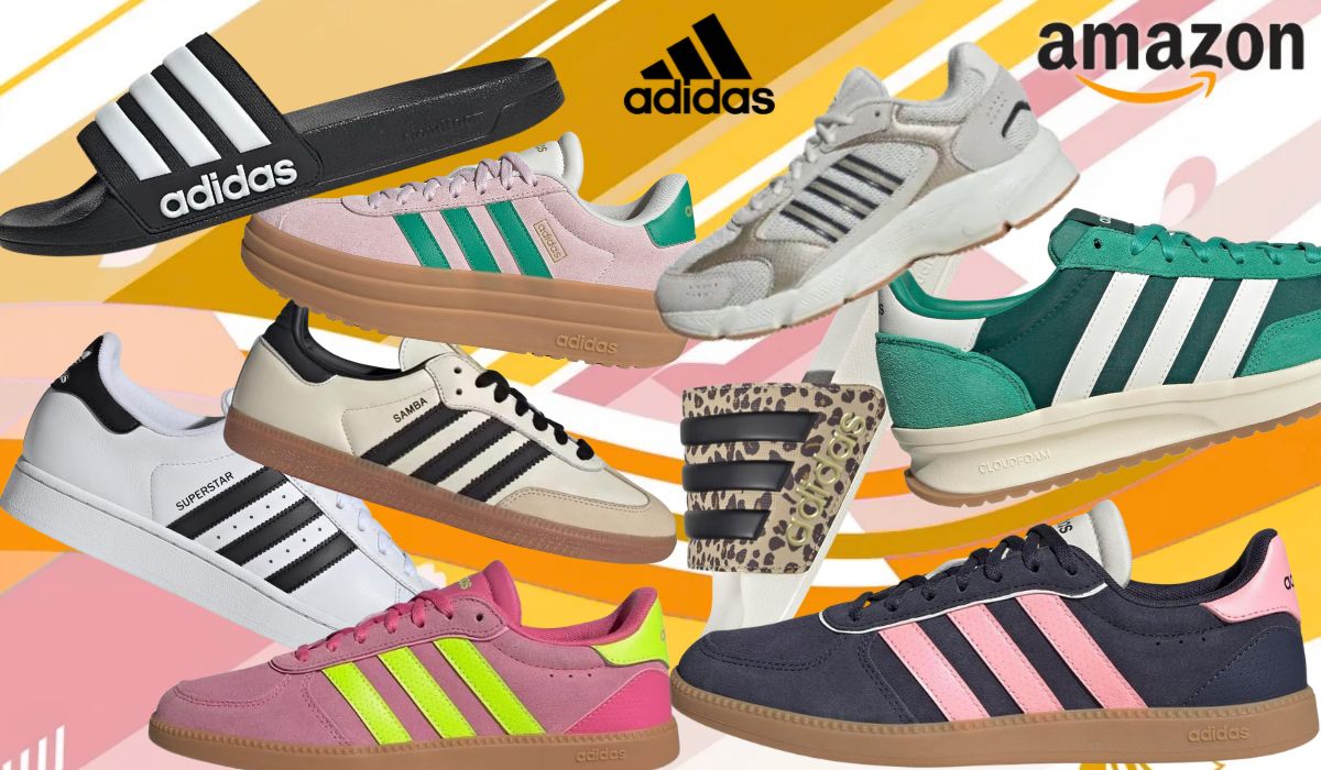 Verschiedene adidas Sneaker-Modelle in unterschiedlichen Farben vor einem bunten Hintergrund mit Muster.
