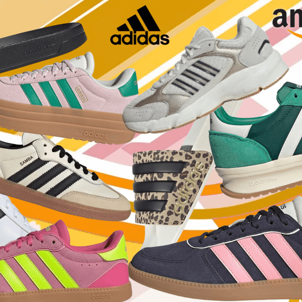 Verschiedene adidas Sneaker-Modelle in unterschiedlichen Farben vor einem bunten Hintergrund mit Muster.