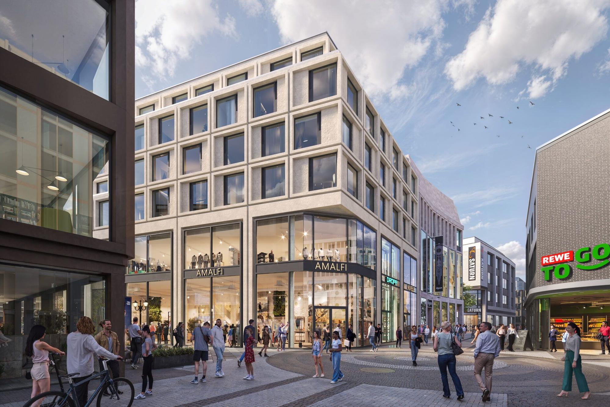 Der geplante Neubau: In den beiden unteren Etagen ist Einzelhandel vorgesehen, in den oberen vier entstehen Apartments.