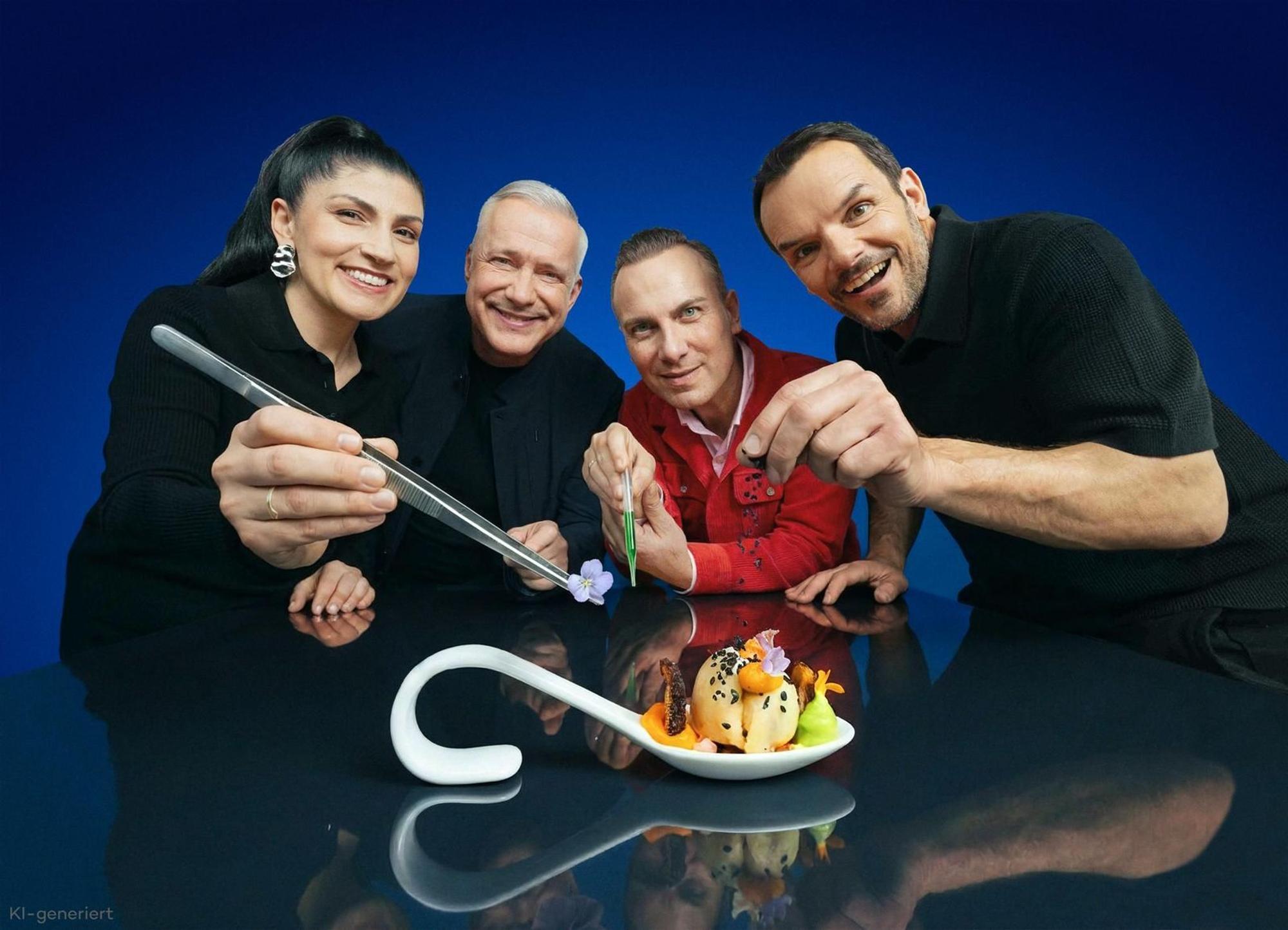 „The Taste“ is back! Von links: Elif Oskan, Alexander Herrmann, Tim Raue und Steffen Henssler zeigen sich wieder „picky“. (Bild: Joyn / Marina Geckeler)