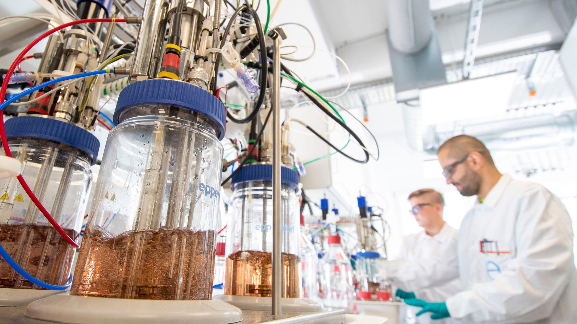 Covestro Biotechnologie, Gebäude D310 in Leverkusen. Bioreaktoren (Fermenter) mit Melanie Prinz, Muhammed Demiral