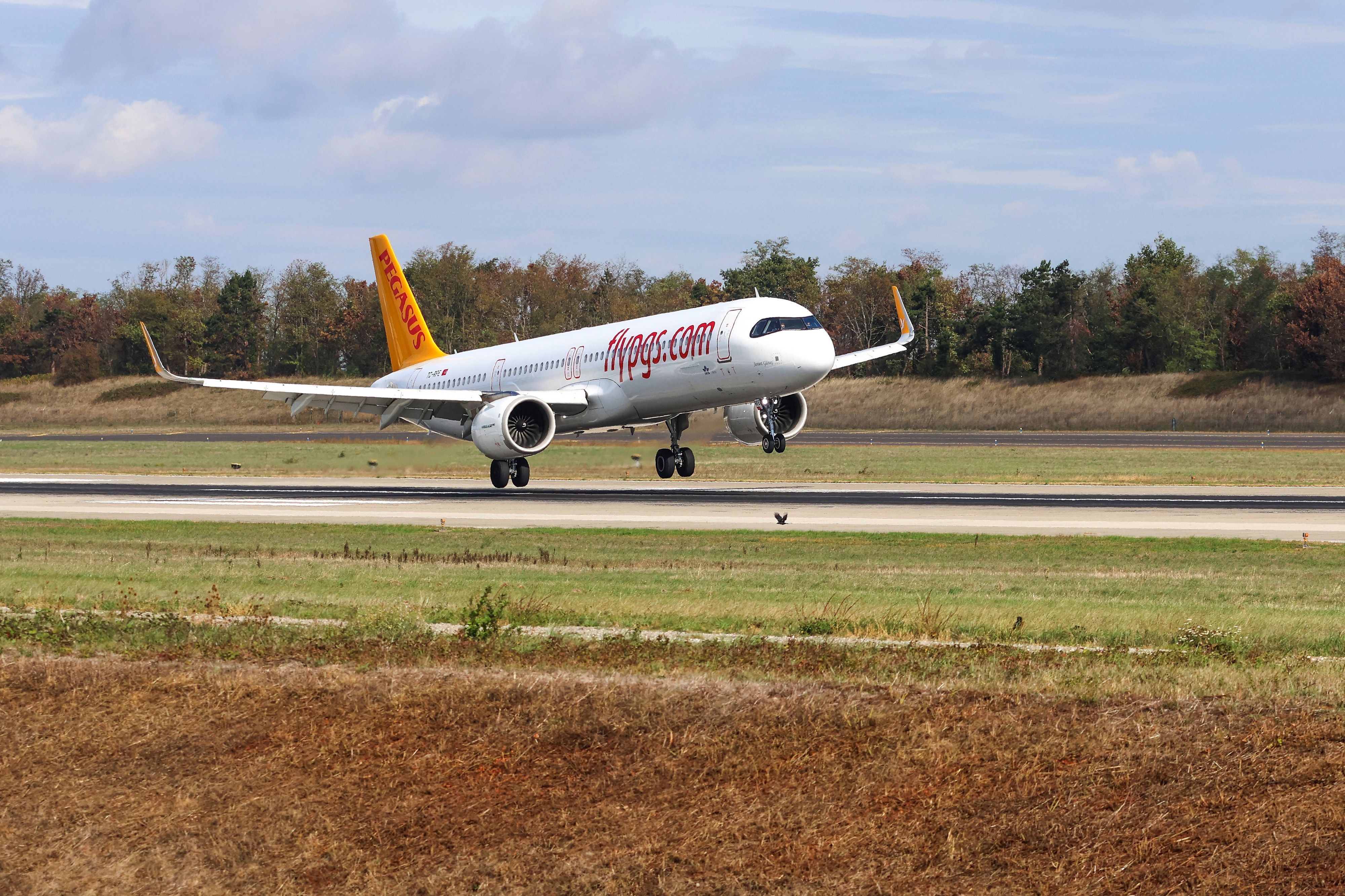 Ein Airbus der Billigairline Pegasus setzt zur Landung an. (Symbolbild)