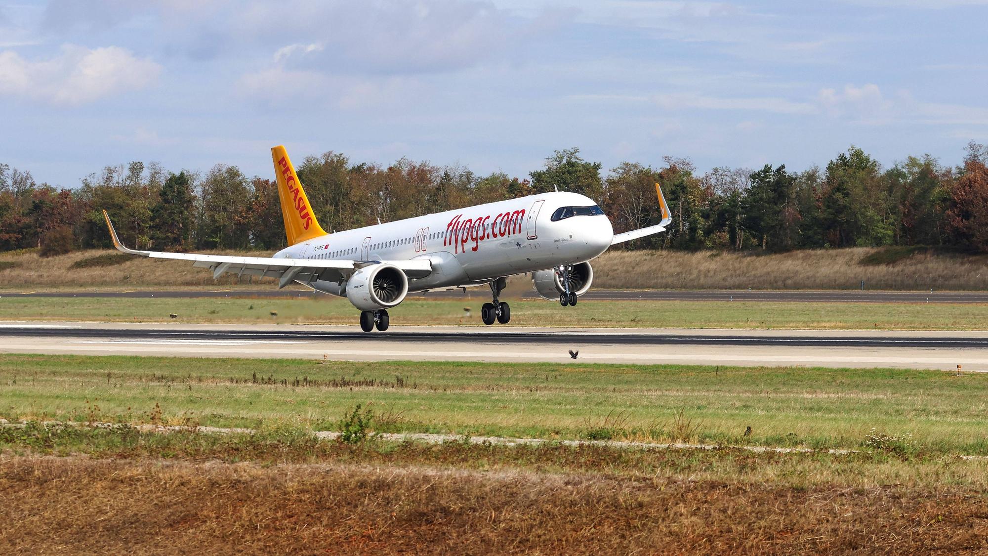 Ein Airbus der Billigairline Pegasus setzt zur Landung an. (Symbolbild)