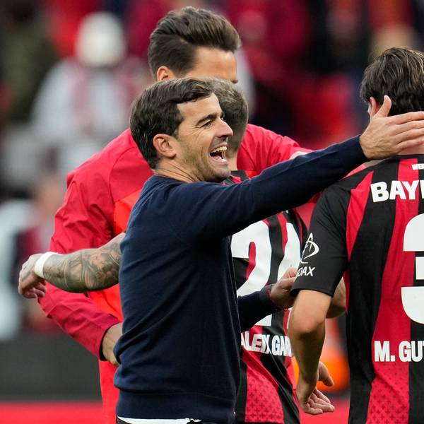 Carles Martinez Bayer 04 Leverkusen, Cheftrainer und Miguel Gutierrez Bayer 04 Leverkusen, 3 nach dem Spiel. GER, Bayer 04 Leverkusen vs SC Freiburg, 1. Bundesliga, 6. Spieltag, Saison 2026-27, BayArena, Leverkusen, 18.10.2026 DFL REGULATIONS PROHIBIT ANY USE OF PHOTOGRAPHS AS IMAGE SEQUENCES AND/OR QUASI-VIDEO Bayer 04 Leverkusen vs SC Freiburg, 1. Bundesliga, 6. Spieltag, Saison 2026-27, 18.10.2026 Leverkusen *** Carles Martinez, Bayer 04 Leverkusen, Head Coach, and Miguel Gutierrez, Bayer 04 Leverkusen, 3 minutes after the game GER, Bayer 04 Leverkusen vs. SC Freiburg, Bundesliga 1, Matchday 6, 202627 season, BayArena, Leverkusen, October 18, 2026 DFL regulations prohibit any use of photographs as image sequences and/or quasi-video Bayer 04 Leverkusen vs. SC Freiburg, Bundesliga 1, Matchday 6, 202627 season, October 18, 2026, Leverkusen Copyright: xEibner-Pressefoto/ScottxColemanx EP_SCN