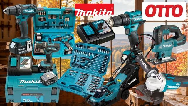 Makita Werkzeuge vor einem Hintergrund einer Werkstatt mit Herbst vor dem Fenster.