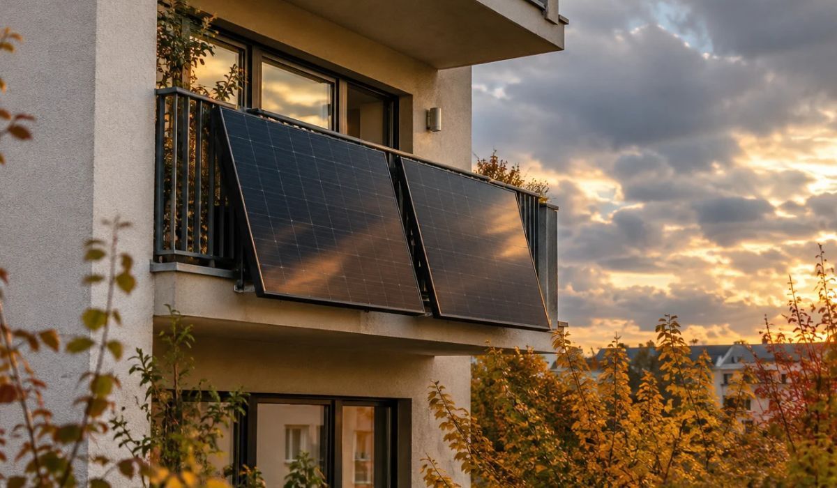 Wohnhaus im Herbst mit zwei schwarzen Solarmodulen außen an der Balkonbrüstung, darüber ein bewölkter Himmel mit goldenen Sonnenstrahlen zwischen den Wolken.