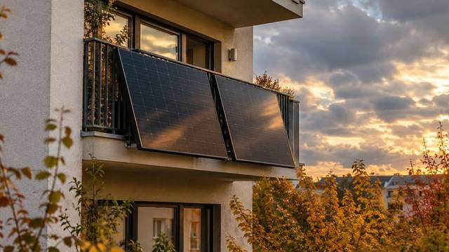 Wohnhaus im Herbst mit zwei schwarzen Solarmodulen außen an der Balkonbrüstung, darüber ein bewölkter Himmel mit goldenen Sonnenstrahlen zwischen den Wolken.