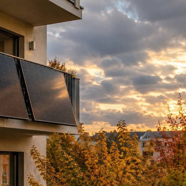 Wohnhaus im Herbst mit zwei schwarzen Solarmodulen außen an der Balkonbrüstung, darüber ein bewölkter Himmel mit goldenen Sonnenstrahlen zwischen den Wolken.