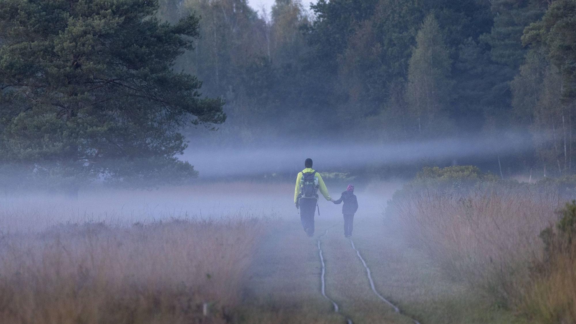 Vater und Kind spazieren durch Nebel.