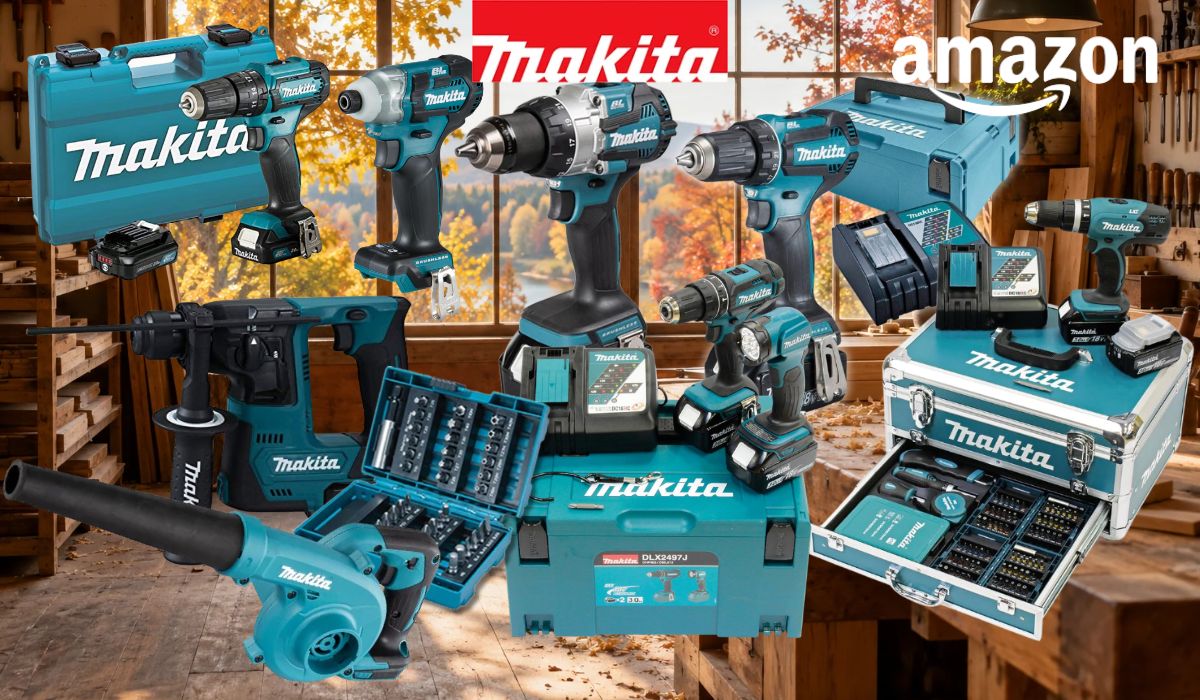 Makita-Werkzeuge vor einem herbstlichen Werkstatt-Hintergrund. Zu sehen sind verschiedene Akku-Bohrschrauber, ein Bohrhammer, ein Bit- und Zubehör-Set in einem Aluminium-Koffer. Oben mittig das Makita-Logo in Rot.