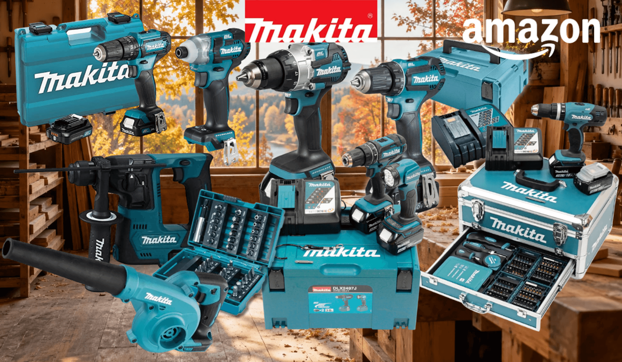 Makita-Werkzeuge vor einem herbstlichen Werkstatt-Hintergrund. Zu sehen sind verschiedene Akku-Bohrschrauber, ein Bohrhammer, ein Bit- und Zubehör-Set in einem Aluminium-Koffer. Oben mittig das Makita-Logo in Rot.