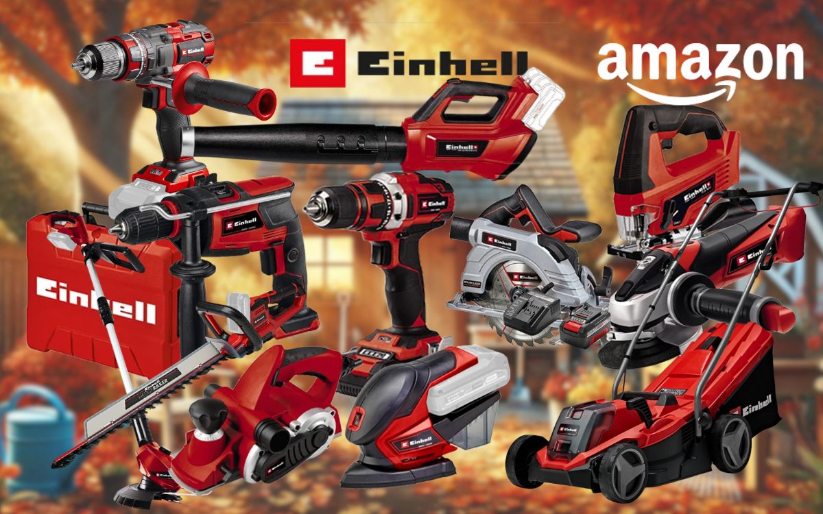 Collage verschiedener roter Einhell Werkzeuge und Gartengeräte (Winkelschleifer, Bohrhammer, Akkubohrer, Stichsäge, Kreissäge, Rasenmäher, Rasentrimmer und ein roter Einhell Werkzeugkoffer) vor einem dunklen technischen Hintergrund mit lila Neonlicht-Akzenten. Links mittig das Amazon-Logo.