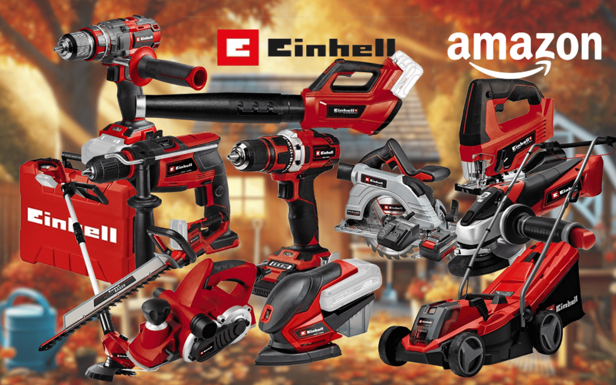 Collage verschiedener roter Einhell Werkzeuge und Gartengeräte (Winkelschleifer, Bohrhammer, Akkubohrer, Stichsäge, Kreissäge, Rasenmäher, Rasentrimmer und ein roter Einhell Werkzeugkoffer) vor einem dunklen technischen Hintergrund mit lila Neonlicht-Akzenten. Links mittig das Amazon-Logo.