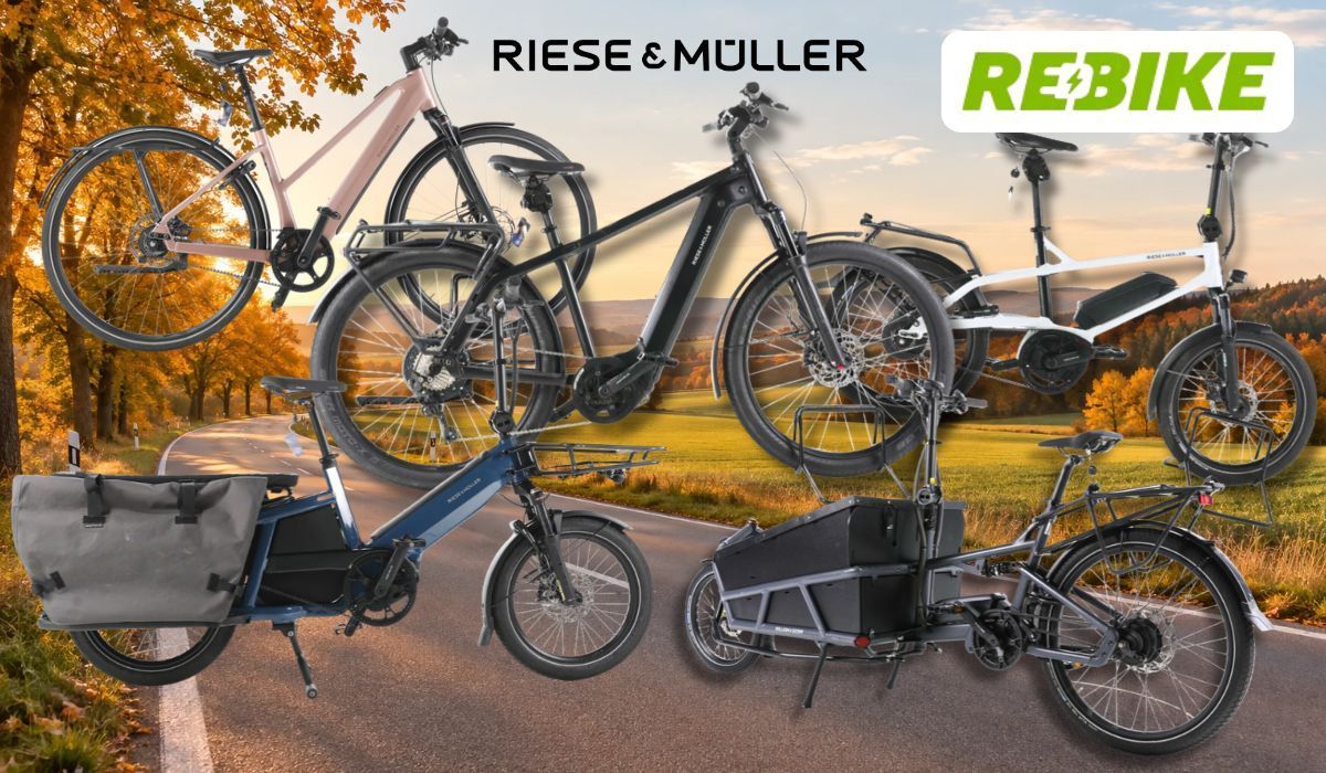 Riese & Müller E-Bike-Modelle vor Herbstlandschaft und Landstraße.