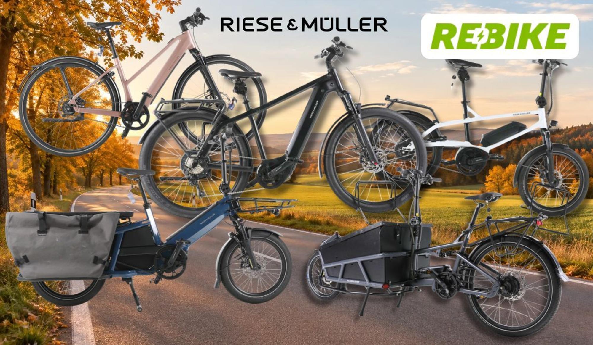 Riese & Müller E-Bike-Modelle vor Herbstlandschaft und Landstraße.