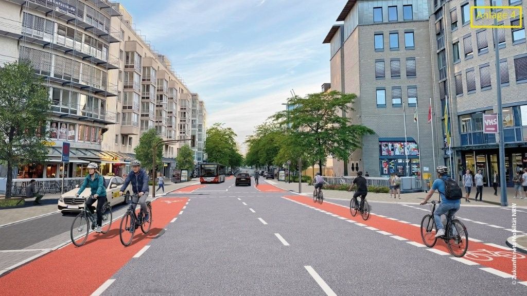 Die Visualisierung zeigt die geplante Umgestaltung des Verkehrsraums an der Haltestelle Neusser Straße/Gürtel in Köln-Nippes.
