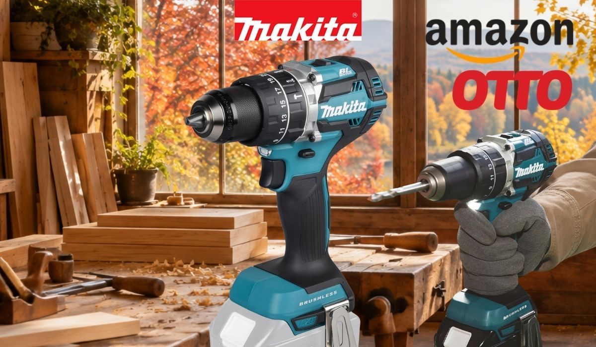 Der Makita DHP484Z Akkubohrschrauber vor einem Werkstatthintergrund mit Herbstwald vor dem Fenster.