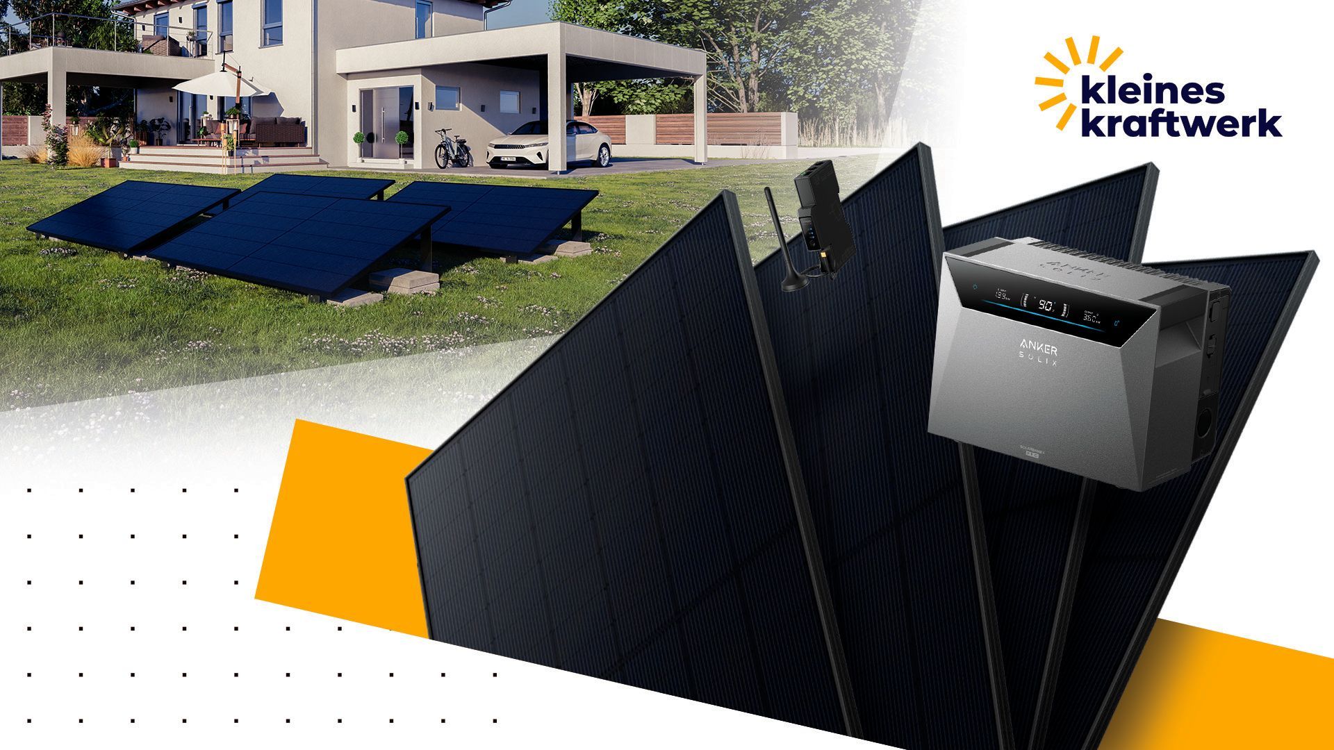 Kleines Kraftwerk Quattro XL Balkonkraftwerk-Bundle mit Anker SOLIX Solarbank 4 Pro, Sunpro TopCon Hochleistungs-Solarmodulen und Zubehörpaket, aufgebaut auf einer Rasenfläche vor einem Wohnhaus.