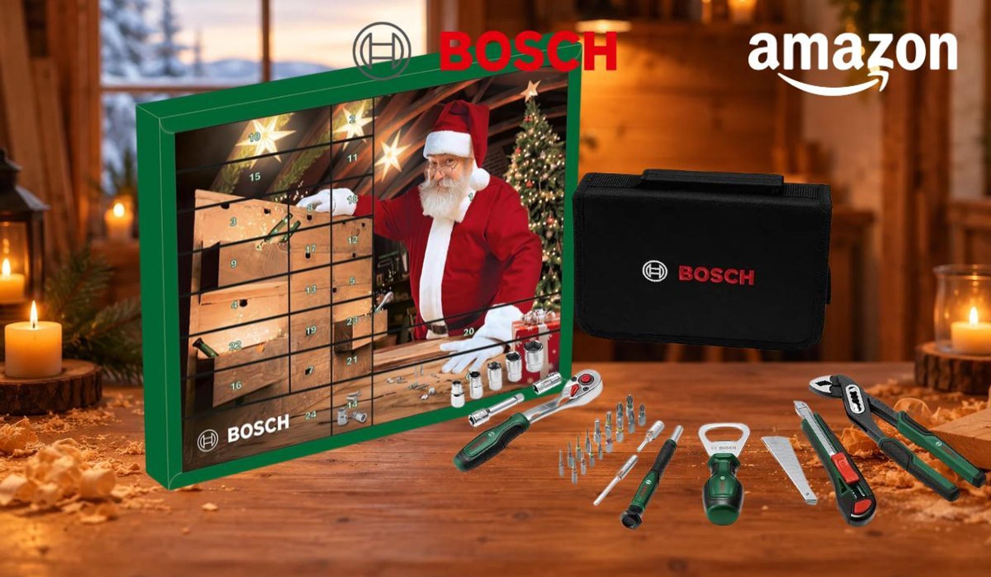 Grüner Bosch Adventskalender 2026 mit Weihnachtsmann an der Werkbank, davor Werkzeugtasche, Ratsche, Steckschlüsseleinsätze, Bits, Präzisions-Schraubendreher, Flaschenöffner, Cuttermesser und Wasserpumpenzange auf einer Holzwerkbank mit Hobelspänen und Kerzen