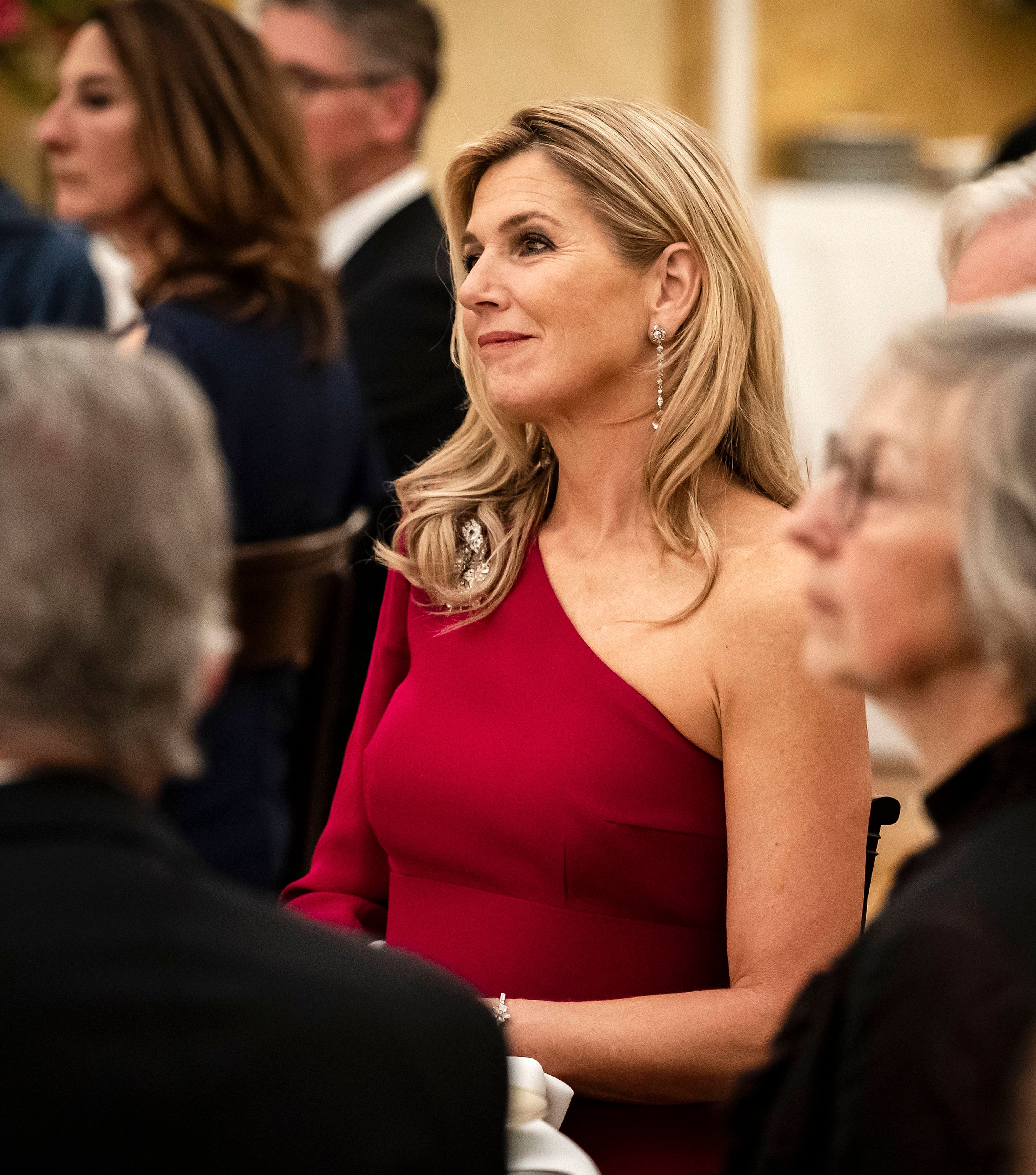 Königin Máxima erschien in einem beerenroten Abendkleid des niederländischen Designers Claes Iversen.