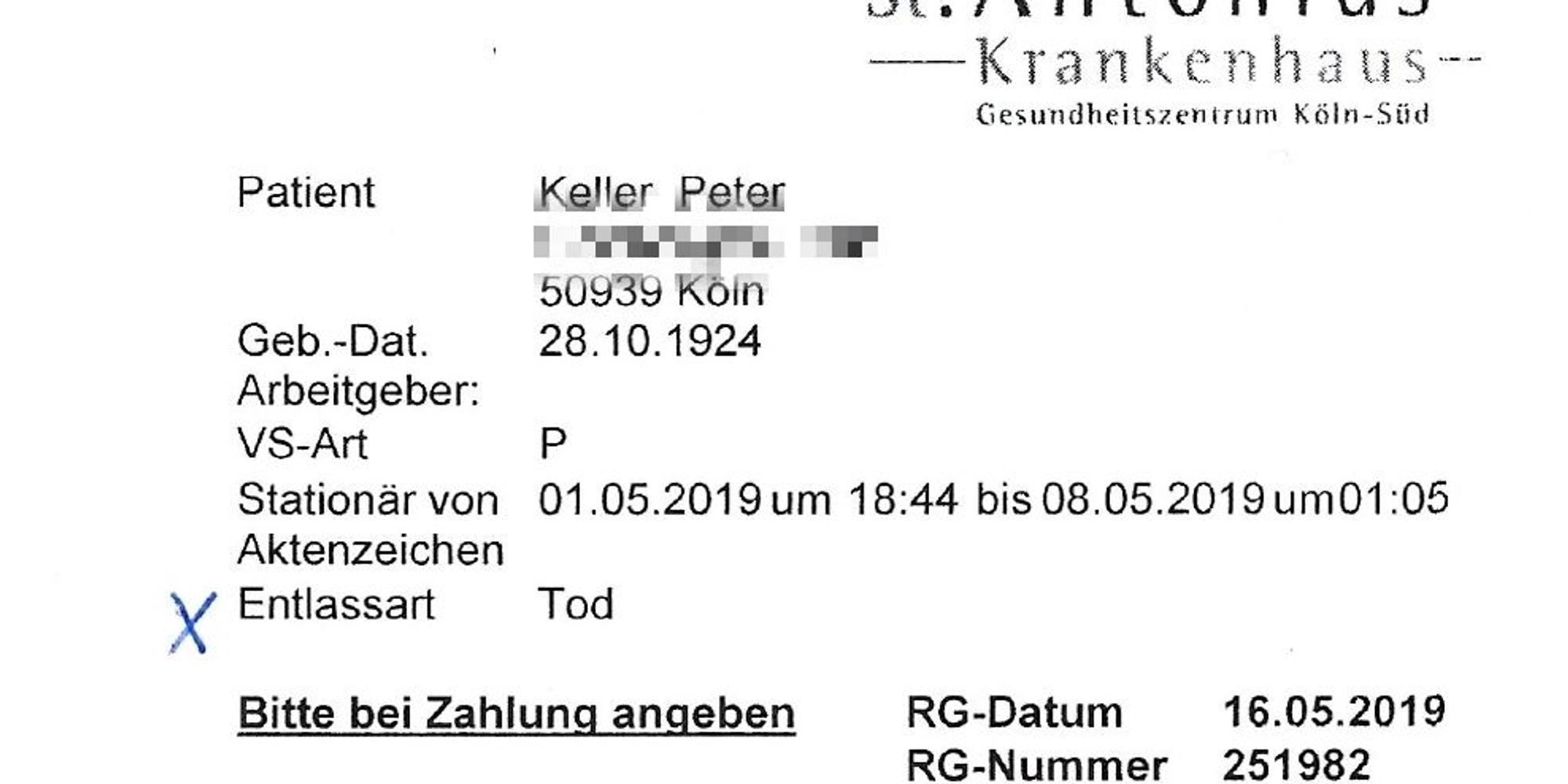 Rechnung Keller Krankenhaus