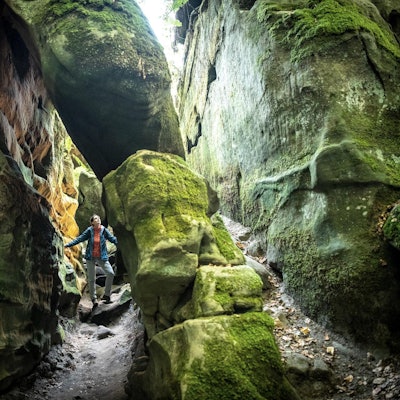 Moosbewachsene Felsen und schattige Wege
