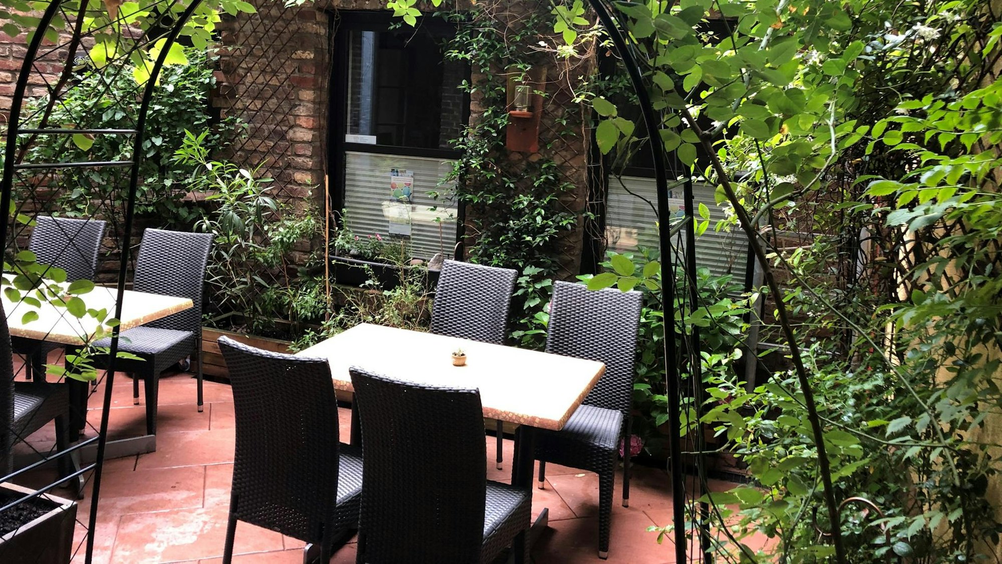 Hof mit Tischen und Stühlen im Impact Café.