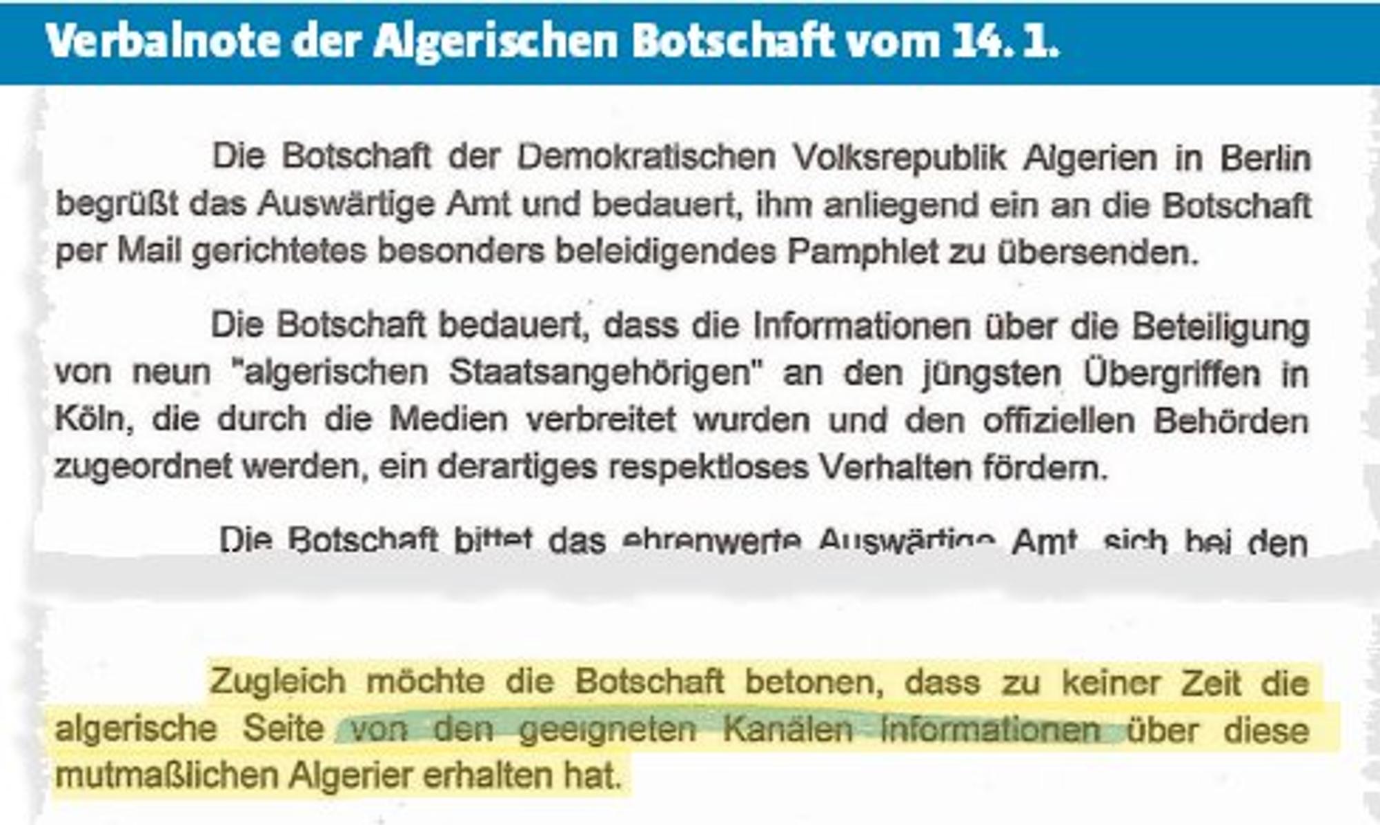 Silvesternacht DOkument Verbalnote Algerische Botschaft